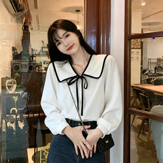เสื้อเชิ้ตแขนยาวคอปกผูกโบว์น่ารัก เสื้อเชิ้ตคอตุ๊กตาสีเบจผูกโปว์แขนยาว ใหม่ เสื้อผ้าแฟชั่นเกาหลีผู้หญิง เก๋ ระดับไฮเอนด์