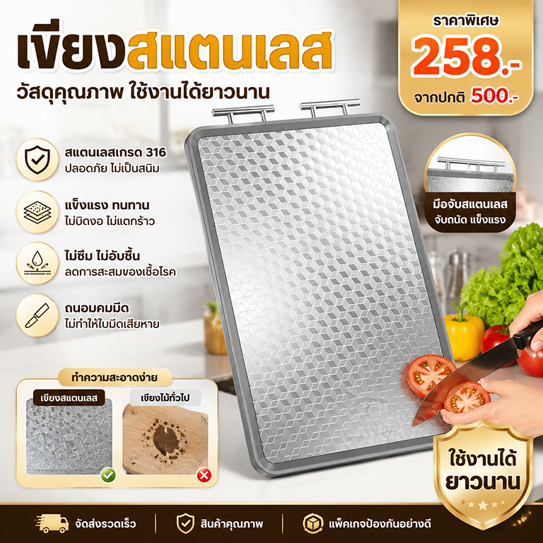 🍴 ป้องกันเชื้อรา 100%🍴เขียง เขียงสแตนเลส316 หนาเกรดอาหาร ล้างทันที  ใช้ได้สองด้าน แยกอาหารดิบและอาหารปรุงสุกออกจากกัน
