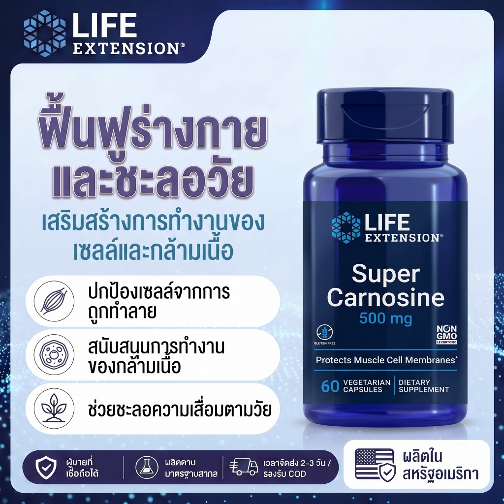 Life Extension Super Carnosine L-Carnosine + Luteolin + B1 ฟื้นฟูกล้ามเนื้อ หัวใจ 60 แคปซูล【พร้อมส่ง