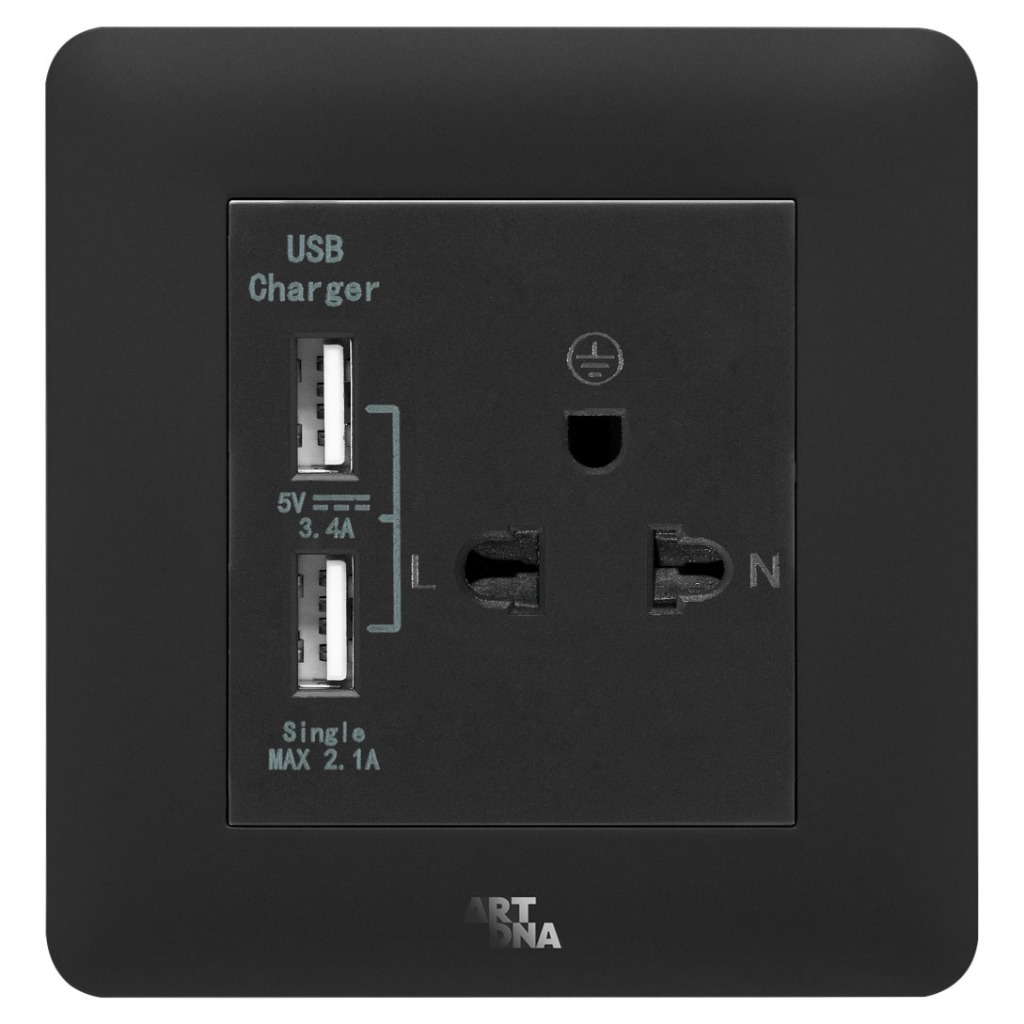 (Clearance Sale) เต้ารับ 3ขา + เต้ารับ USB ART DNA A61-C28E24-B ดำ