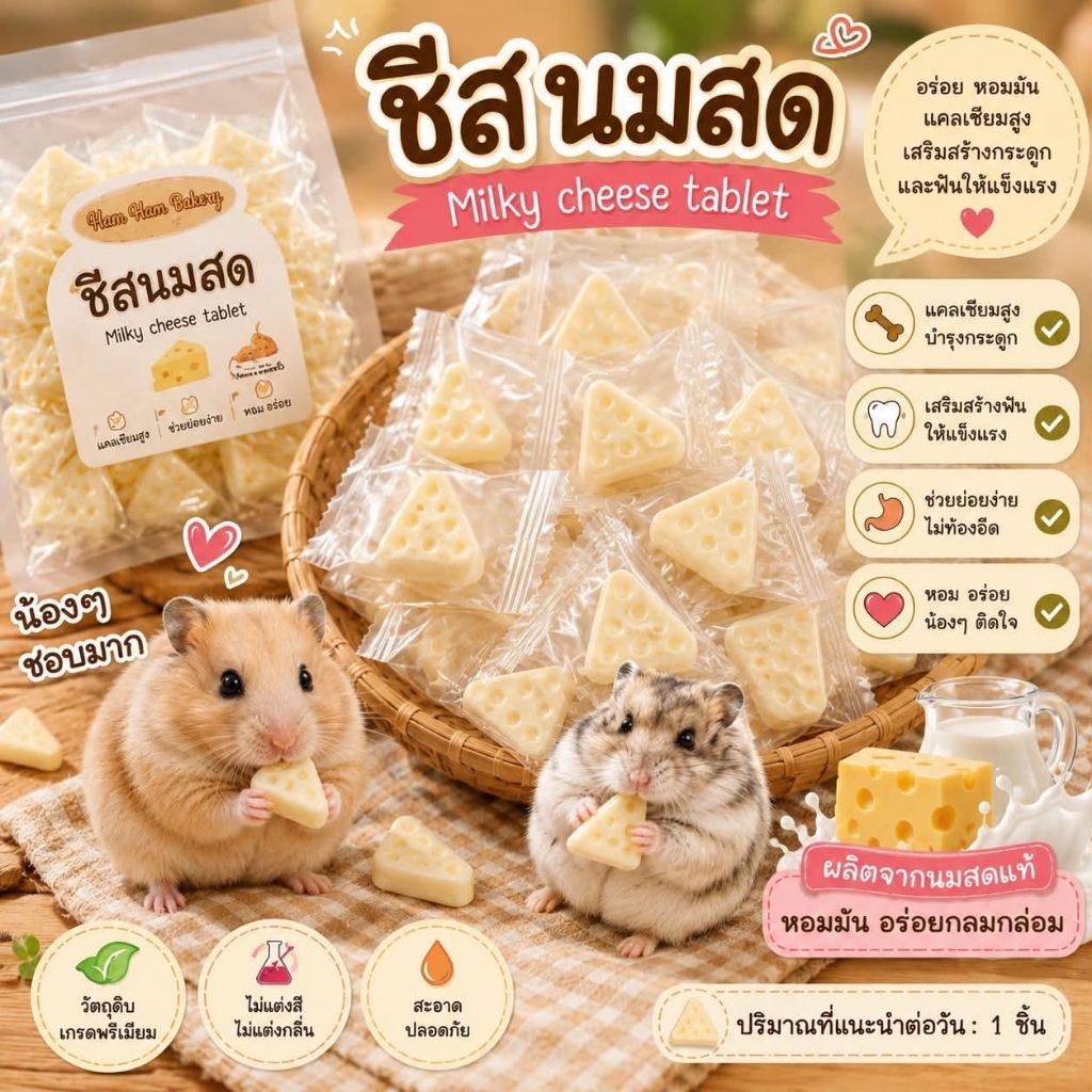 Hamu (สั่งสินค้าขั้นต่ำ 30 บาท) ชีสนมสด Ham ham bekery หอมกลิ่นชีส เสริมแคลเซียม สำหรับแฮมสเตอร์ ชูก้า