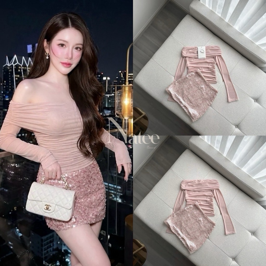 Natee Brand Size M N10 Set (2) ชิ้น เสื้อ+กระโปรง เน้นความหรูหราสไตล์ Luxury Coquette