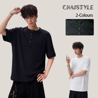 Chaistyle เสื้อยืดผู้ชายสีล้วน ปกเสื้อมีการออกแบบปุ่ม คอกลมแขนสั้น รุ่นบาง ความสะดวกสบาย หลวม การพักผ่อน แมทช์ง่าย