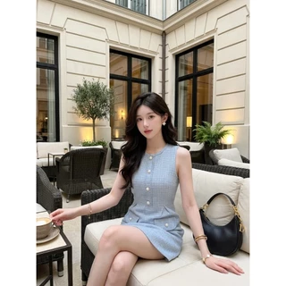[LISA] A0737 ชุดเดรสกระโปรงคอกลมแขนกุดแต่งกระดุมไข่มุก ดูแพงลูกคุณ ใส่เที่ยว ออกงาน คาเฟ่ ดินเนอร์