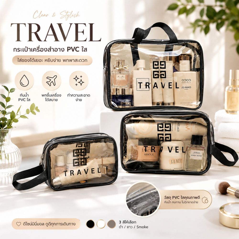 กระเป๋าเครื่องสำอาง กันน้ำ กระเป๋าจัดระเบียบ  แบบใส สวยงาม แบบใหญ่แบบเล็ก พกพาสะดวก จุของได้เยอะ