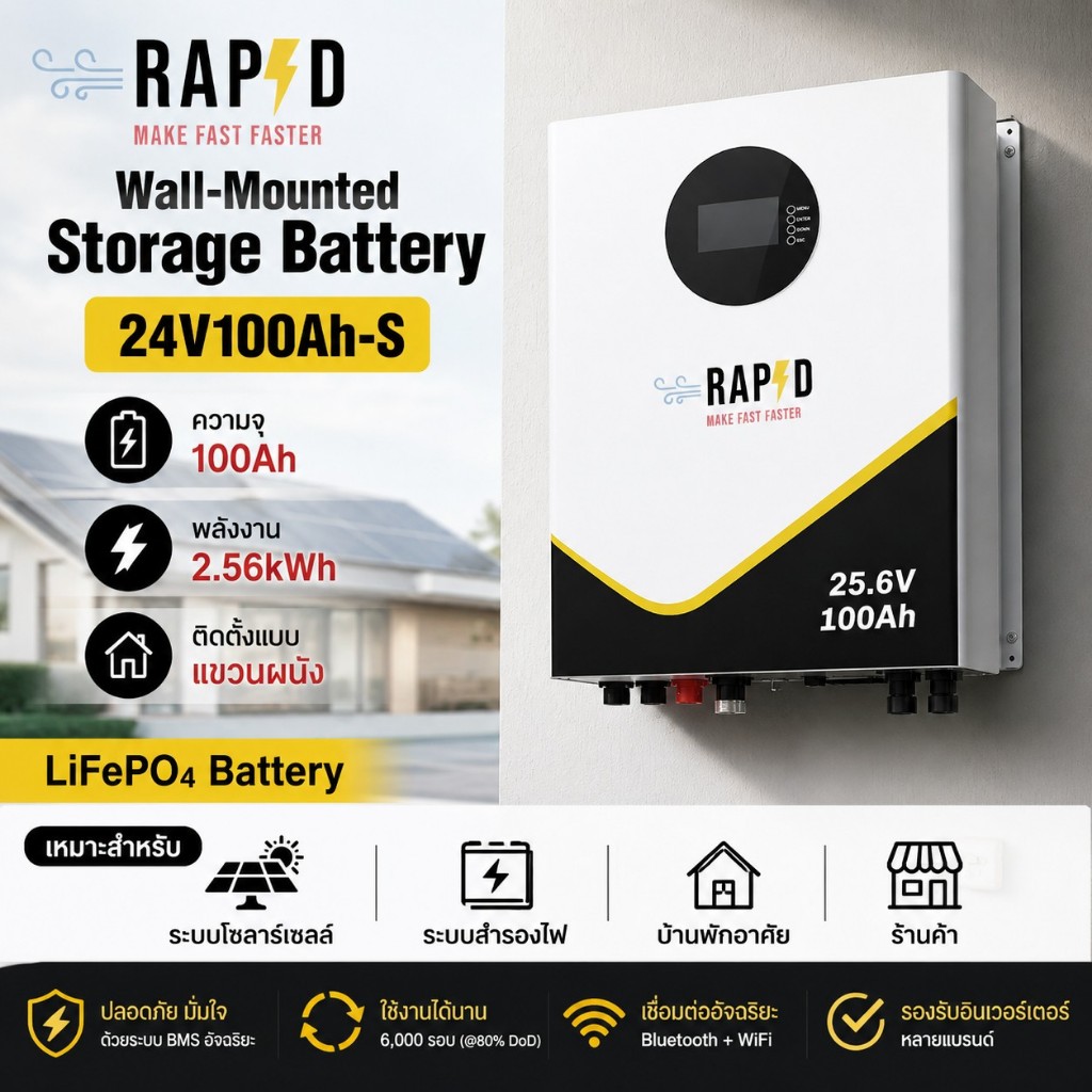 RAPD LiFePO4 Battery 24V100AH (Wall Type) แบตเตอรี่ลิเธียมสำหรับโซล่าเซลล์ 24V100Ah-S