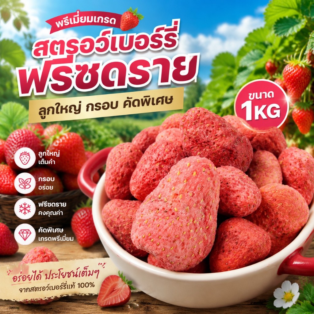 สตรอว์เบอร์รี่กรอบหวานอมเปรี้ยว สดใสทุกชิ้น สุดคุ้ม 1 กิโลกรัม อร่อยเพลินจนหยุดไม่ได้