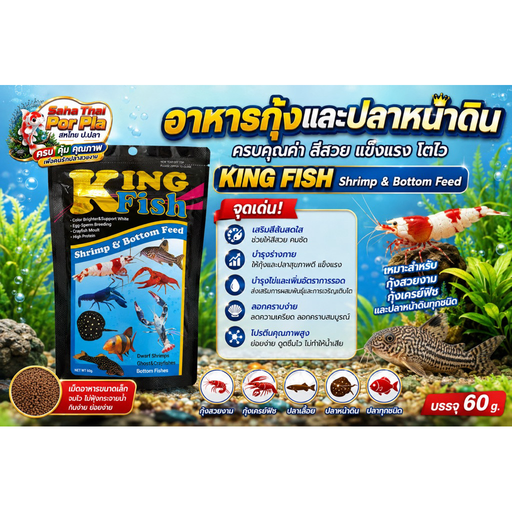 🦐 KING FISH Shrimp & Bottom Feed 🐟  อาหารจมคุณภาพ บรรจุ 60 g. สำหรับกุ้งสวยงาม กุ้งเครย์ฟิช และปลาหน้าดิน