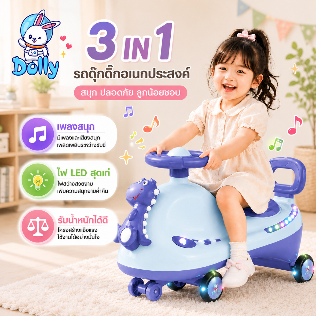 Dolly รถดุ๊กดิ๊กเด็ก ที่นั่งกว้าง ทนทาน ล้อ360องศา รับน้ำหนัก100kg มีไฟเสียง