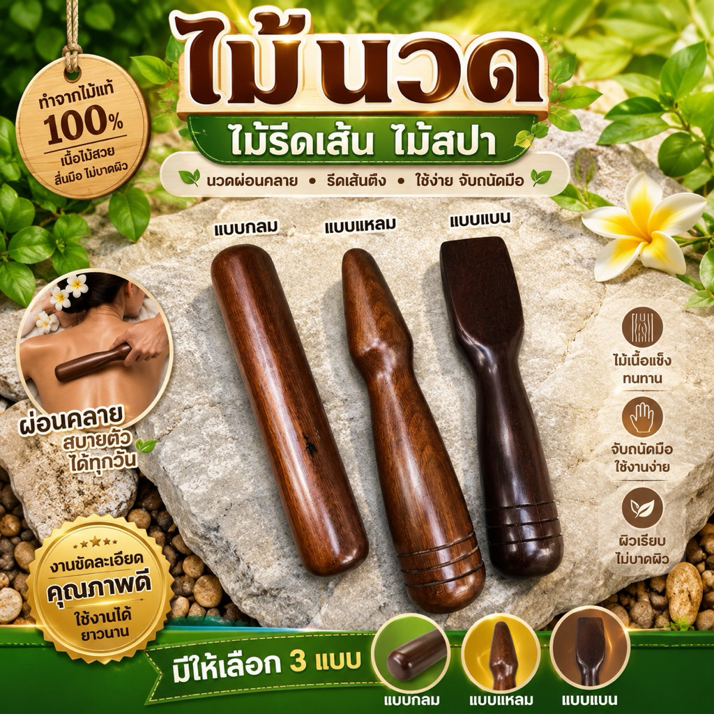 ไม้นวด ลิ่มไม้ตอก งานตอกเส้น สปา  นวด 3 ชิ้น 1ชุด
