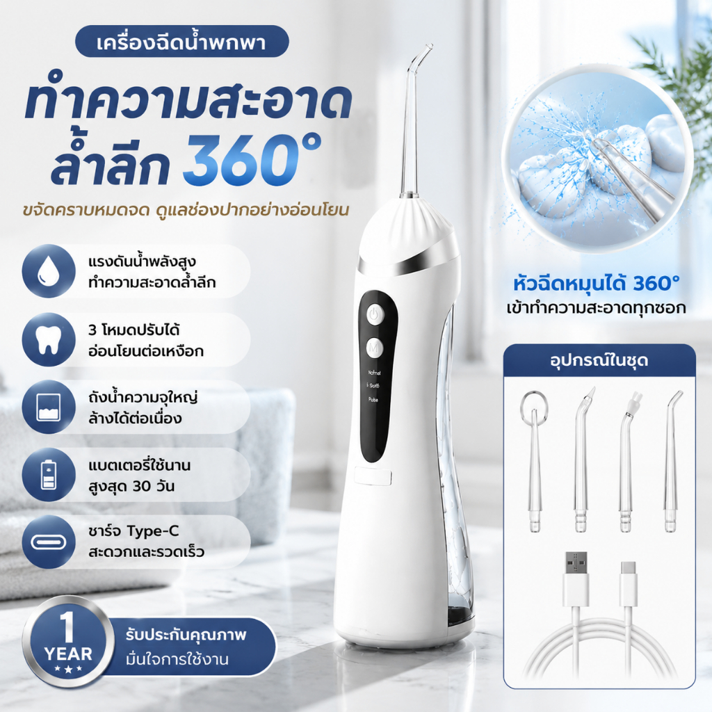【ฉีดเดียวสะอาด】water flosser กันน้ำระดับ ดูแลทำความสะอาดช่องปาก ไหมขัดฟันพลังน้ำ เครื่องทำความสะอาดฟัน
