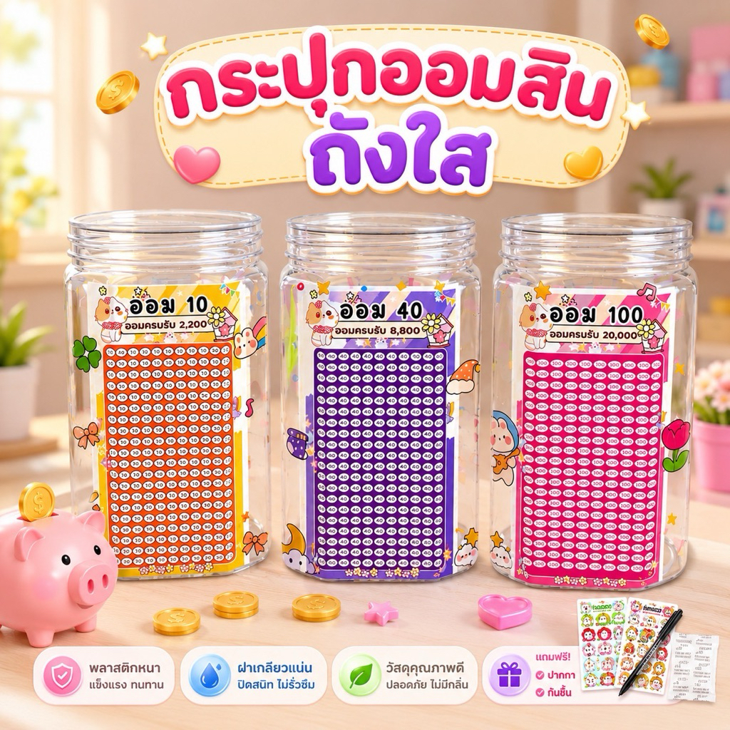 กระปุกออมสินใส-ถังรุ่นยักษ์ พร้อมสติกเกอร์ ตารางออม ปากกา กันชื้น