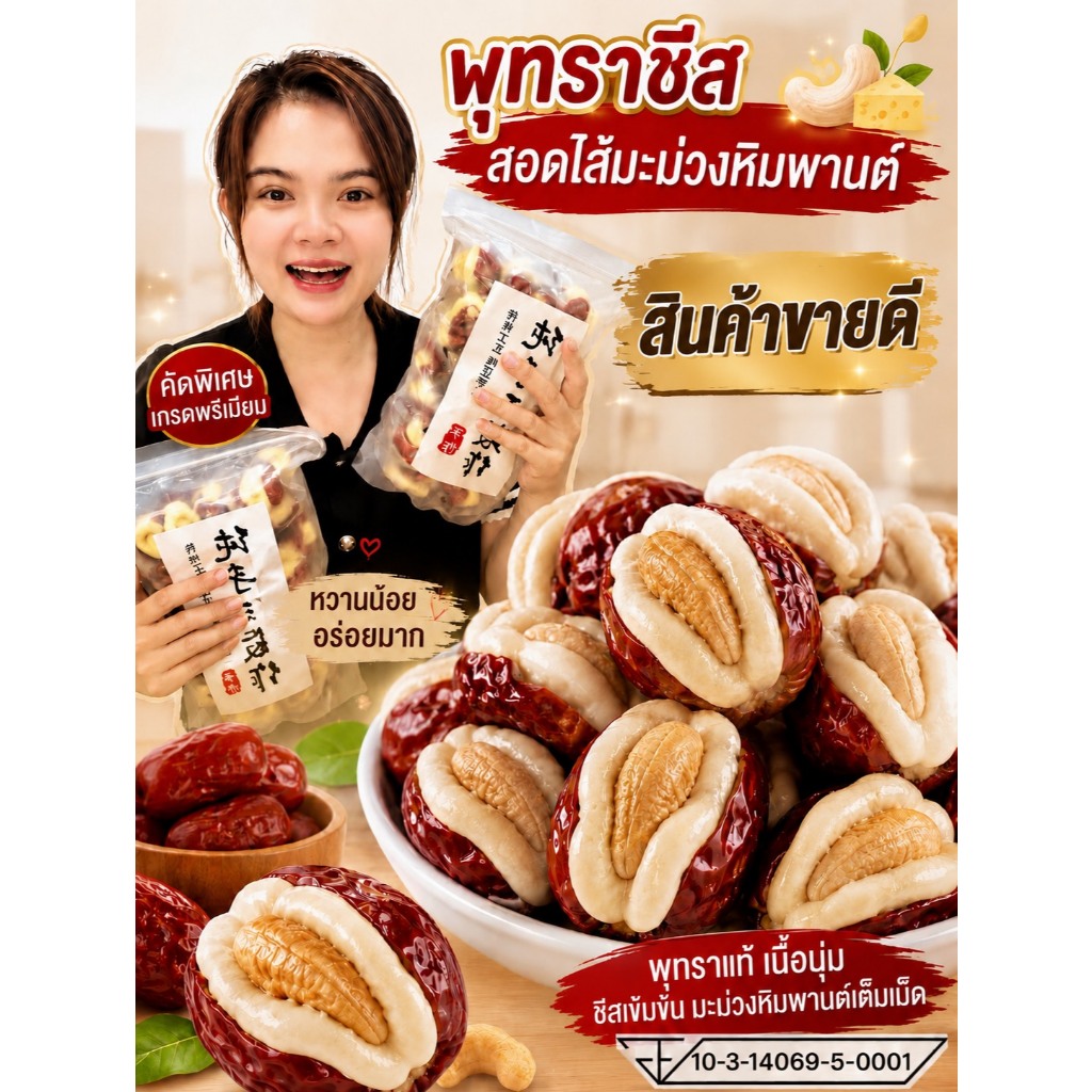 (สินค้าขายดี) พุทราสอดไส้นมชีสเม็ดมะม่วงหิมพานต์ บรรจุถุงละ 500 กรัม (สินค้าพร้อมส่ง)