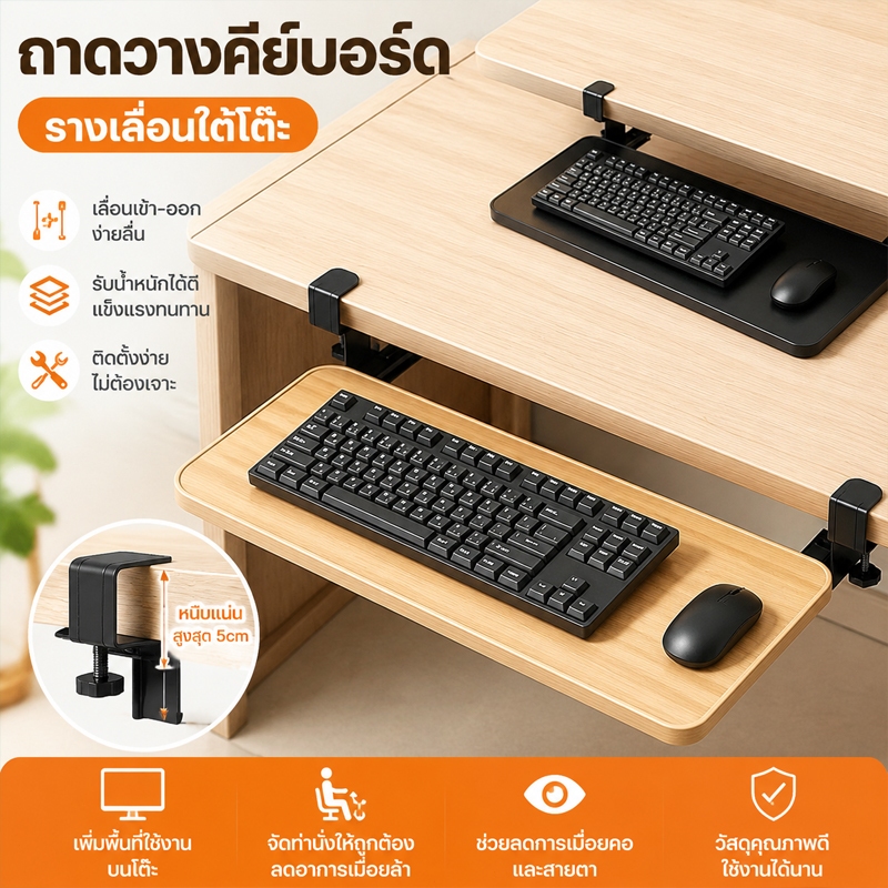 ถาดวางคีย์บอร์ดรางเลื่อน ขนาด 65x25 ซม. ติดตั้งง่ายไม่ต้องเจาะโต๊ะ รางเลื่อนเสียงเงียบ พับเก็บจัดระเบียบได้สะดวก