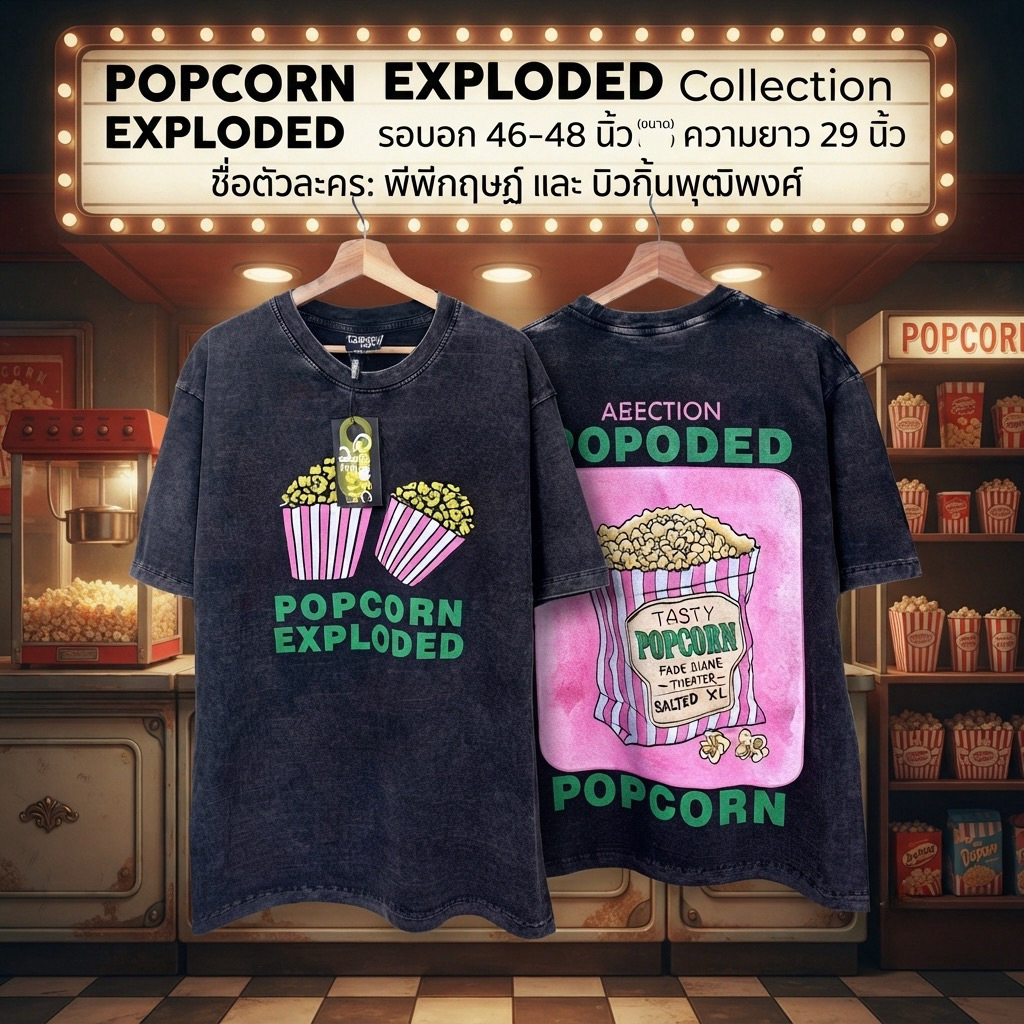 เสื้อยืดผ้าฟอก Premium ป้าย Qollection สกรีนลายหน้า ลาย Popcorn Exploded อก 44-46 นิ้ว