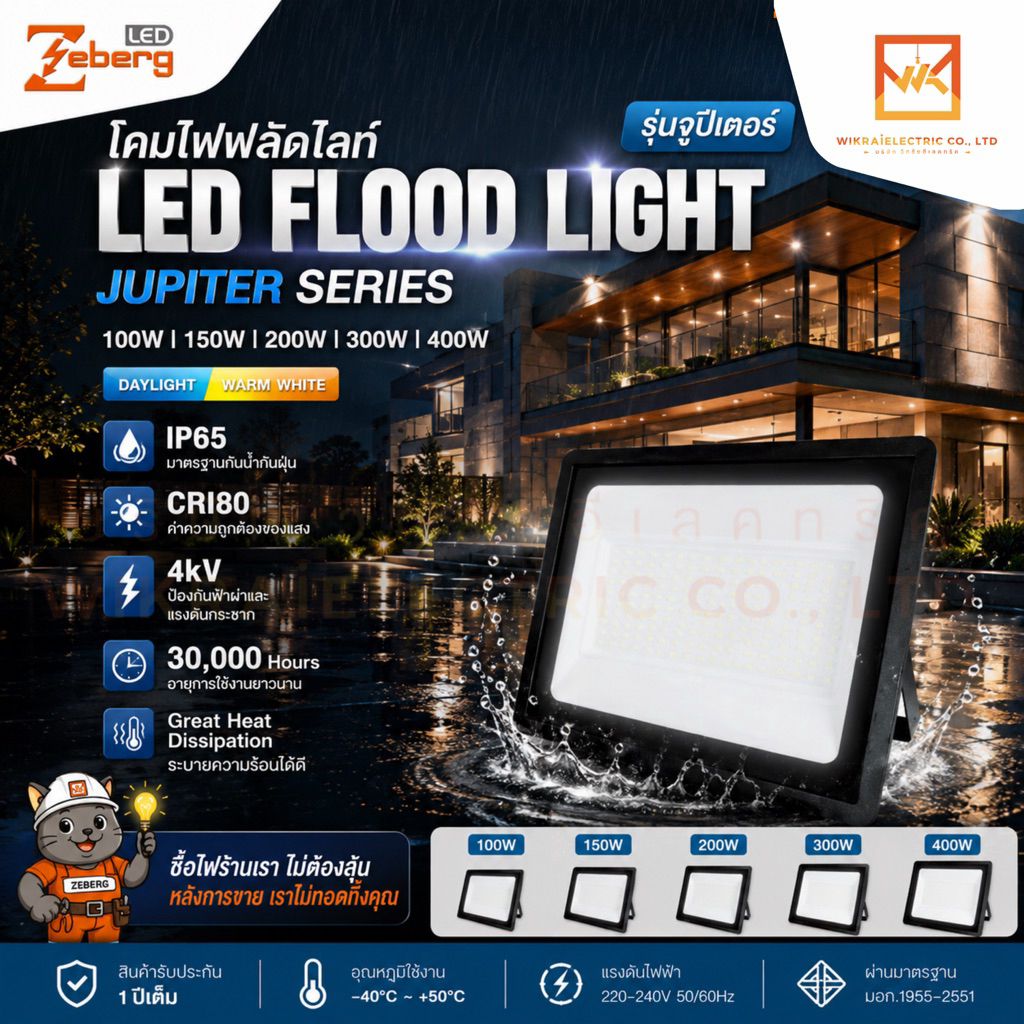 Zeberg Floodlight LED รุ่น จูปีเตอร์ 100W 150W 200W 300w 400W โคมไฟสปอร์ตไลท์ Daylight แสงขาว Warmwhite แสงวอร์ม