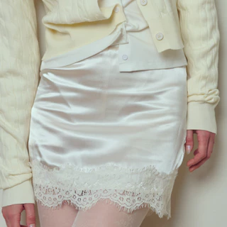 Bemingskirt098(XS-4XL)-Luggy Skirt - กระโปรงผ้าซาตินเนื้อเงาสวยดีเทลแต่งลูกไม้ช่วงชายกระโปรง