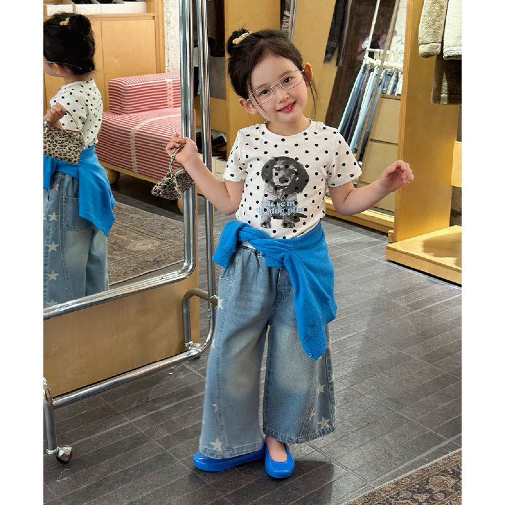 [Namsaii kids] พร้อมส่ง ชุดเซท2ชิ้น ชุดเด็กผู้หญิง เสื้อยืดลายจุดน้องหมา กางเกงยีนส์ขายาวทรงกระบอก สไตล์เกาหลี