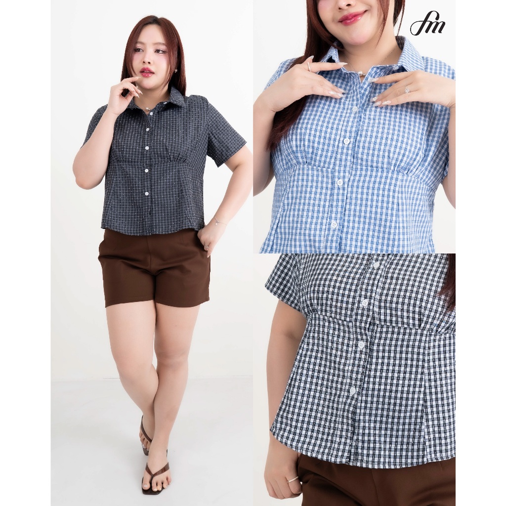 FAMOUS เสื้อคอปกเพลดแต่งเพชร #FMBL-G3T077