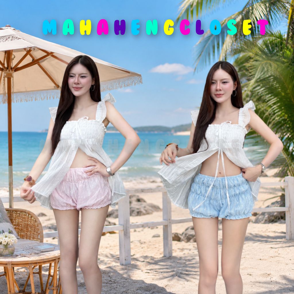 Mahahengcloset กางเกงขาสั้นทรงบอลลูน ระบายขอบขา ผ้าสลาฟลายดอก เอวยางยืด ใส่สบาย สไตล์เกาหลี