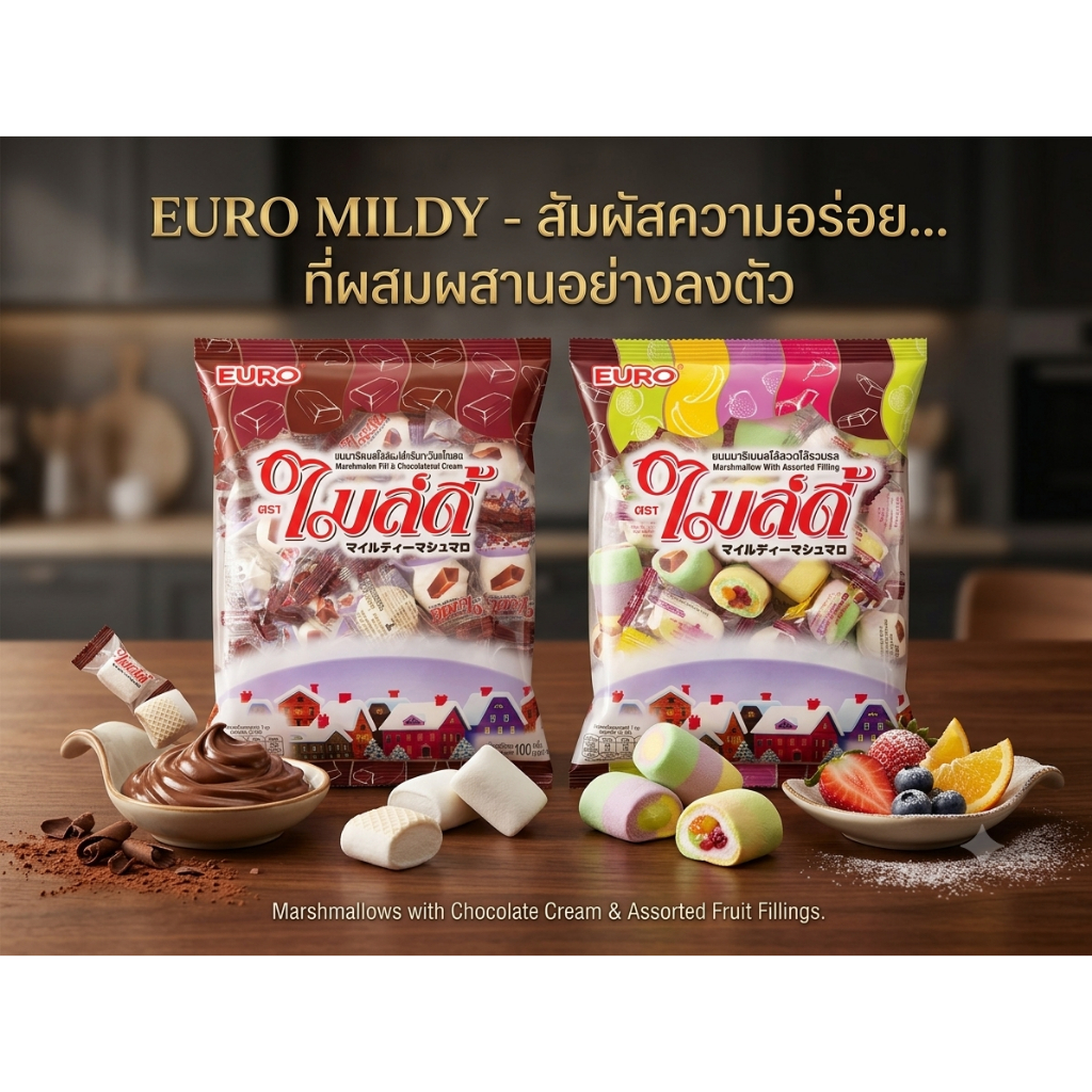 Euro Mildy ไมล์ดี้ ขนมมาร์ชแมลโลว์สอดไส้ครีม รสช็อกโกแลต / สอดไส้รวมรสผลไม้ เนื้อนุ่มหนึบ เคี้ยวฟิน