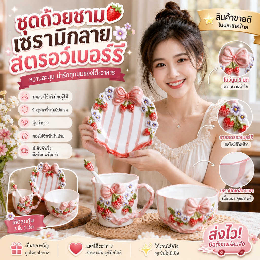 ชามจานแก้วเซรามิค ชุดลายดอกไม้โบว์ สวยหรูใช้ทานข้าวตกแต่งโต๊ะอาหาร