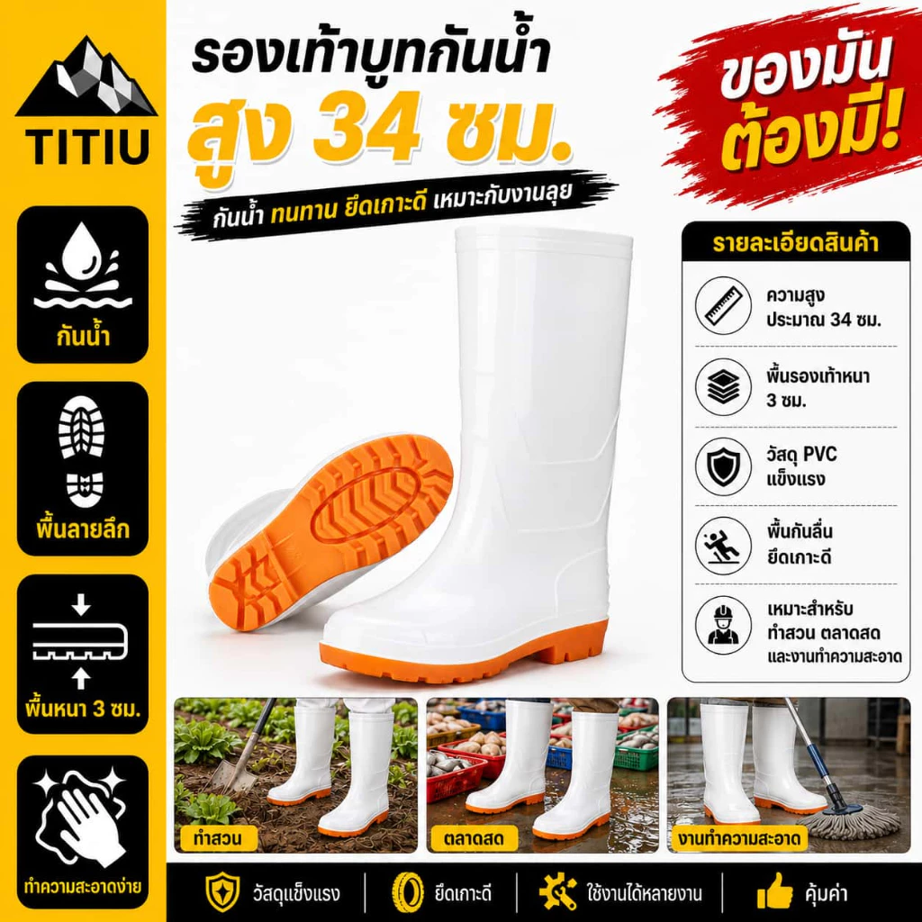TITIU (ขนาด 36-44) รองเท้าบูทกันน้ำ รองเท้าบู๊ตยาว สไตล์ยาว สำหรับตัดหญ้า ยางกันน้ำ คุณภาพดี