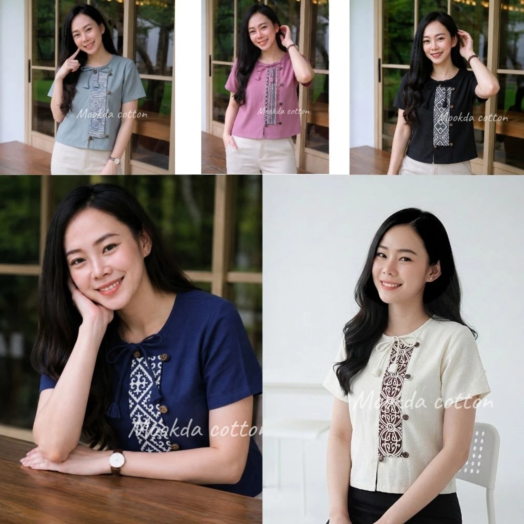 เสื้อผ้าฝ้าย คอกลมผูกโบว์ ผู้หญิง งานโบว์ทิวลิป แต่งเทปผ้าพิมพ์ลาย ผ้านิ่ม ใส่สบาย ดีไซน์น่ารัก