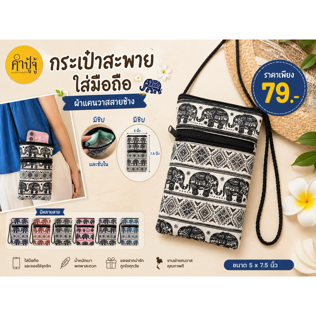 กระเป๋าสะพายยาวใส่มือถือผ้าแคนวาสลายช้าง มี2ซิป มีซับใน