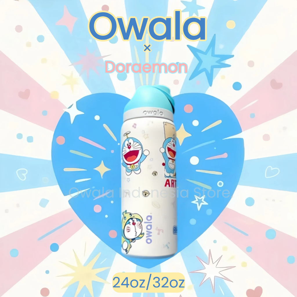 Owala x Doraemon FreeSip 24oz ขวดน้ำสแตนเลสฉนวนกันความร้อนพร้อมหลอดดูด การรับประกันของแท้ 100%