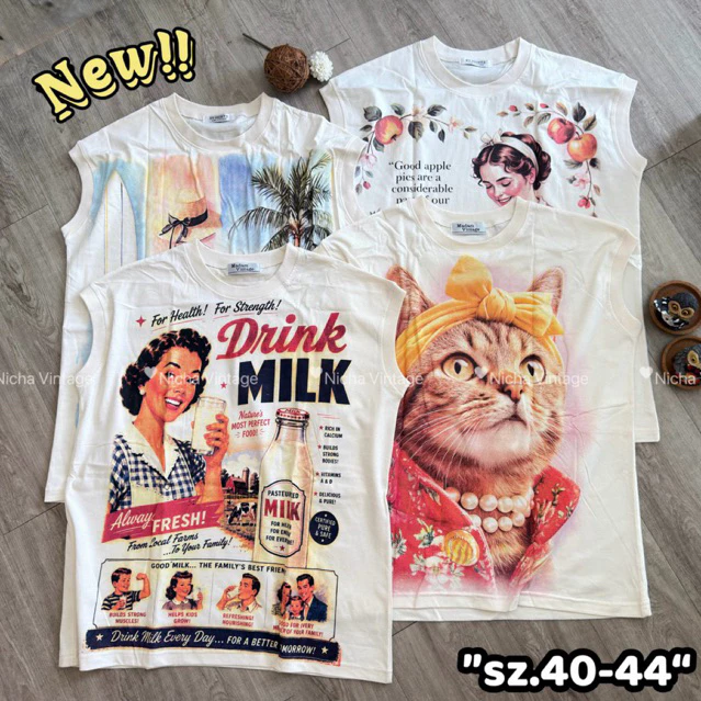 เสื้อยืดแขนล่ำวินเทจผ้าคอตตอนดิบ(สีครีม)สกินรายเท่ๆวินเทจ อก40-44