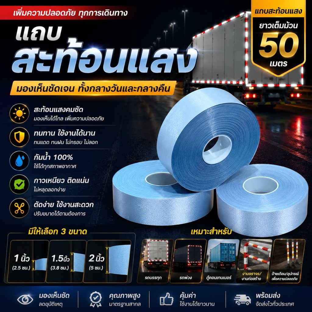แถบสะท้อนแสง สีเงินใช้ติดเสื้อผ้าเพิ่มความปลอดภัย