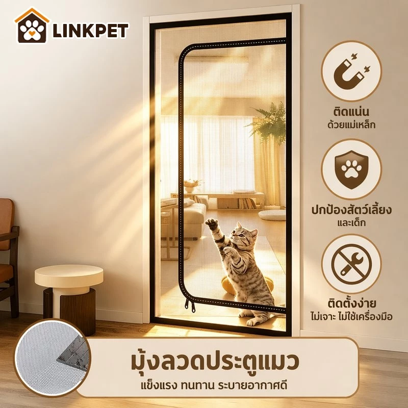 มุ้งลวดประตูแมว ที่กั้นสัตว์เลี้ยง ม่านประตูกันแมวแบบมืออาชีพ แบบไม่ต้องเจาะรู มุ้งลวดซิป 2 ทาง