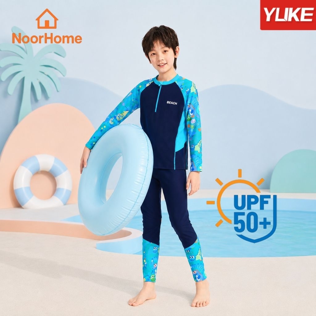 YUKE ชุดว่ายน้ำเด็ก 3 ชิ้น แขนยาว ขายาว พร้อมหมวก กันแดด UPF50+ ผ้าแห้งเร็ว ทนคลอรีน ลายการ์ตูนน่ารัก