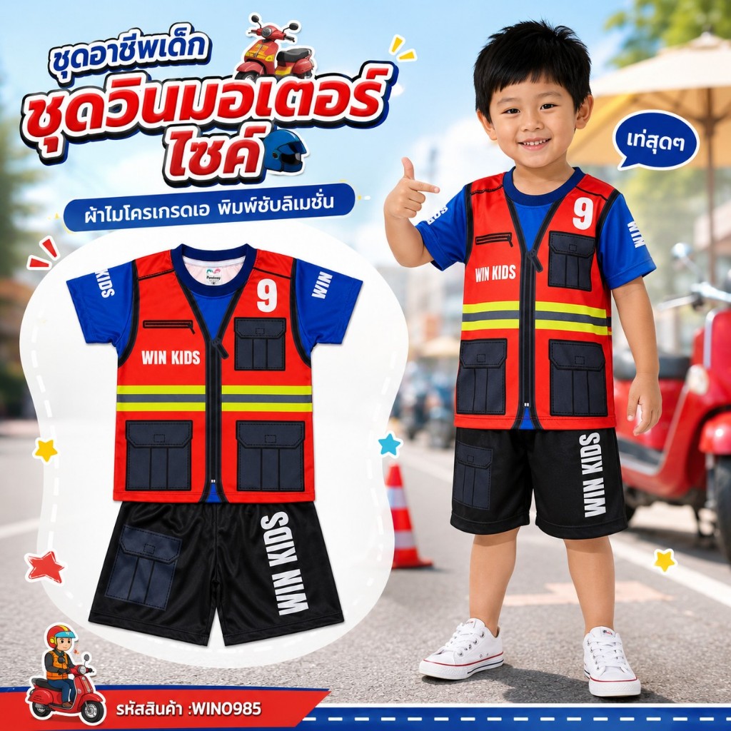 (WIN0985) ชุดวินมอเตอร์ไซค์เด็ก ชุดอาชีพเด็ก เสื้อผ้าเด็ก ผ้าไมโครเกรดเอ พิมพ์ซับลิเมชั่น ใส่สบาย