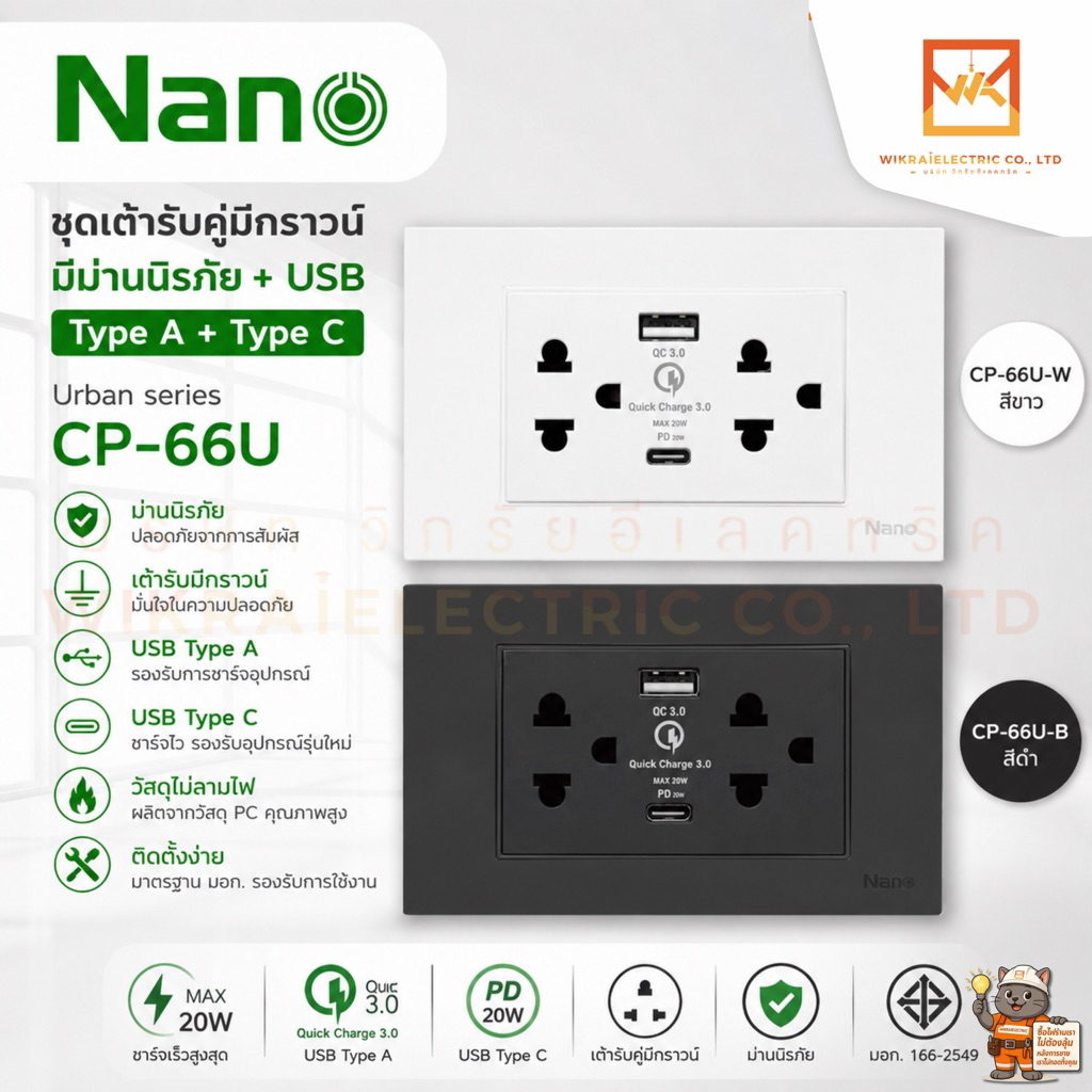 NANO ชุดเต้ารับคู่มีกราวน์มีม่านนิรภัย + USB Type A + Type C Urban series รุ่น CP-66U สีขาว และ สีดำ