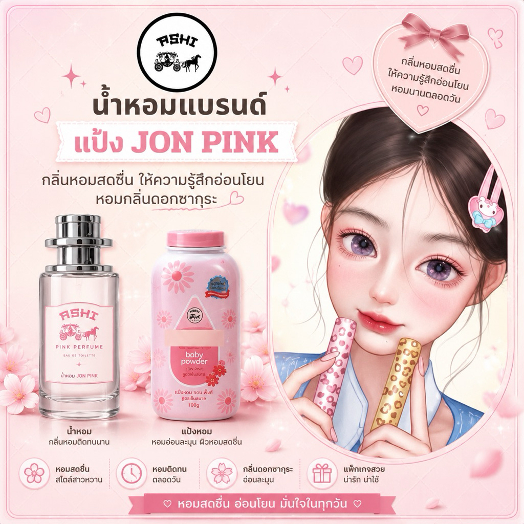 น้ำหอมASHIมีเลขจดแจ้ง แป้ง JON.pinkขนาด35ml  ราคา 39฿ สินค้าพร้อมส่ง มีชำระปลายทาง