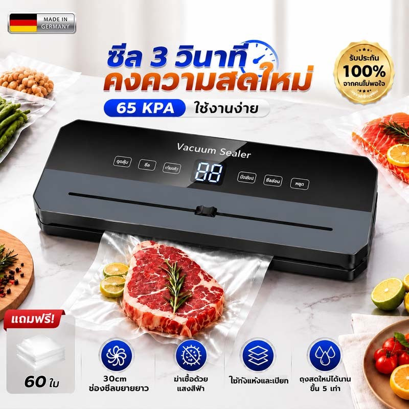 ✨คงความสด99วัน✨ เครื่องซีลสูญญากาศ Vacuum Sealer เครื่องซีลอาหาร  65kpa สูญญากาศ3วินาที มีดตัดในตัวแห้ง/เปียก/ผง/น้ำมัน