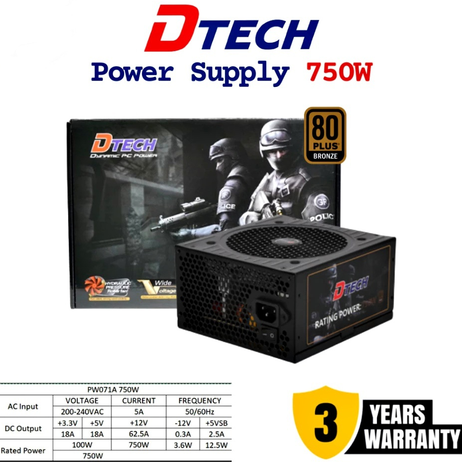 POWER SUPPLY (อุปกรณ์จ่ายไฟ) DTECH 750W 850W (80 Plus Bronze) รุ่น PW071A ปรับความเย็นอัตโนมัติ ประก