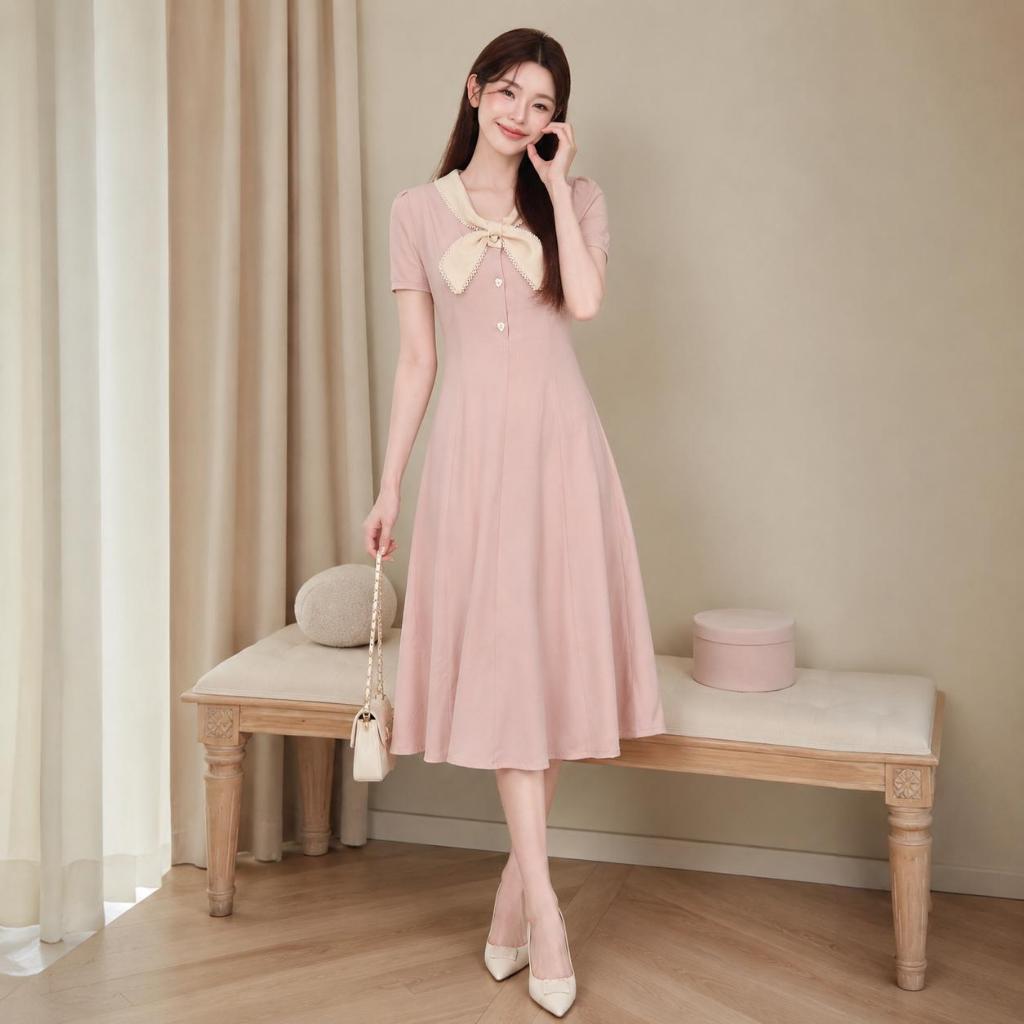 【Karlyn】DS0503# เดรสยาวเเขนสั้น ผูกโบว์ แต่งกระดุม ทรงสวยใส่สบาย ลุคเรียบร้อยใส่ทำงานได้