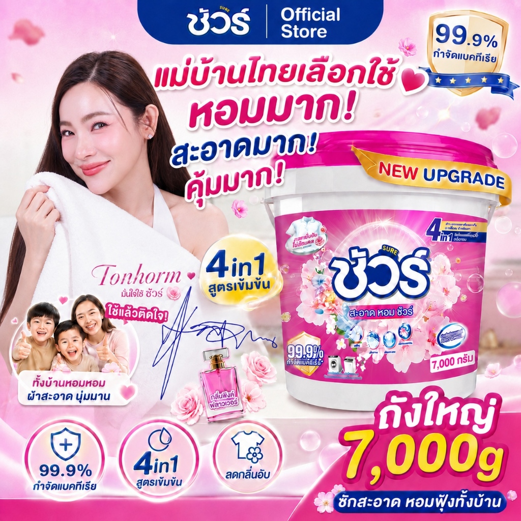 SURE 4in1 ผงซักฟอก ชัวร์ 7kg  ฆ่าเชื้อ 99.9%➕ขจัดคราบสกปรก➕ ป้องกันการตกสีห➕อมสดชื่น 72 ชั่วโมง