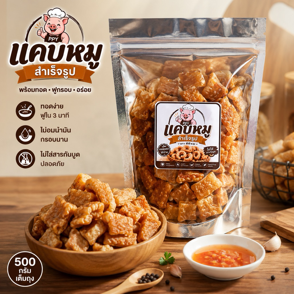 แคบหมูกึ่งสำเร็จรูป ทอดง่าย ฟูกรอบ ไม่อบน้ำมัน ไม่ใช้วัตถุกันเสีย