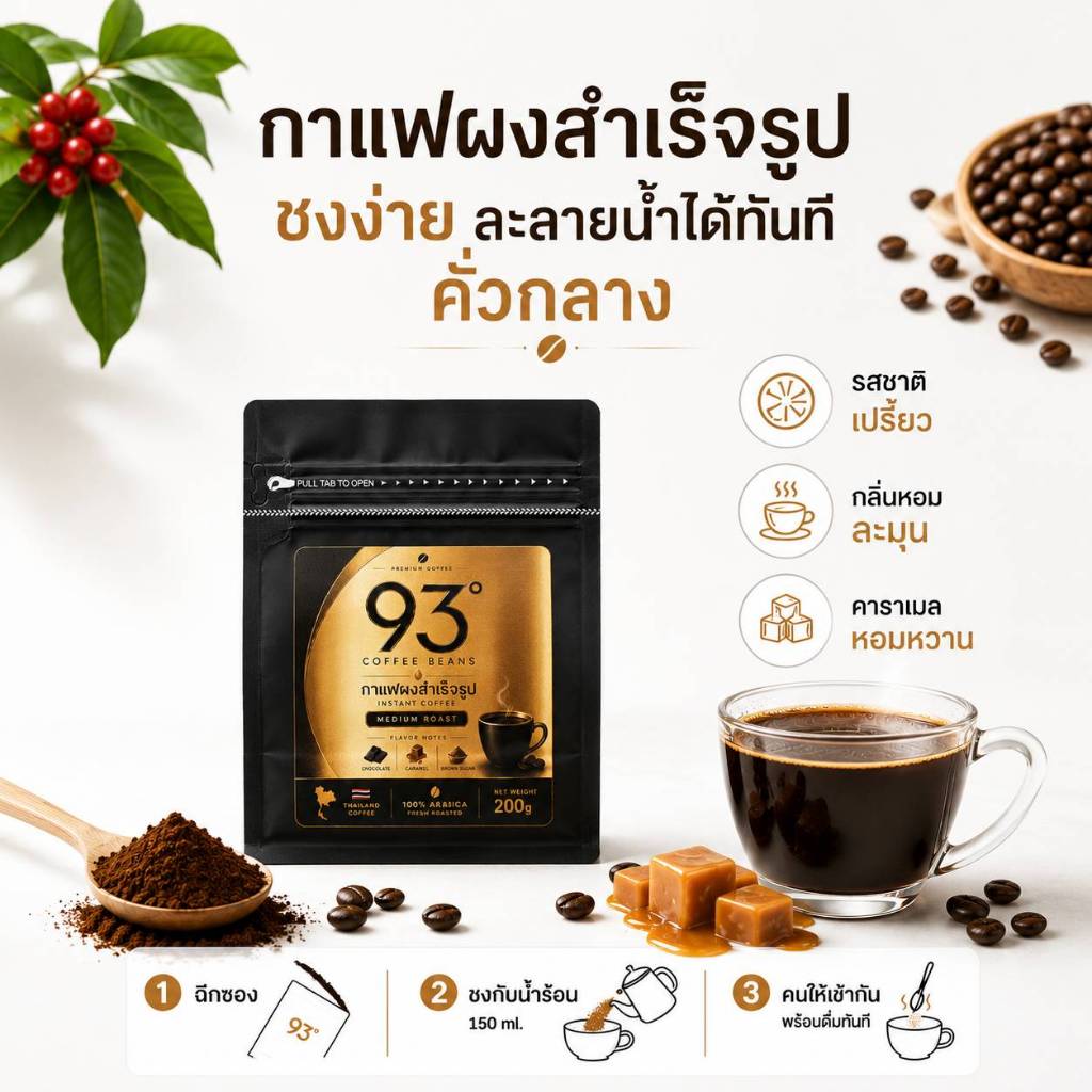 กาแฟสำเร็จรูป อะราบิก้า คั่วกลาง/คั่วเข้ม ชงง่ายละลายน้ำได้ทันที 93Degree Coffee Beans