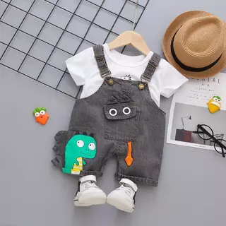 [Cotton Life]ชุดเสื้อยืด+กางเกงเอี๊ยมเด็ก ลายไดโนเสาร์น่ารัก ผ้าฝ้ายนุ่ม สำหรับเด็ก 0-4 ปี