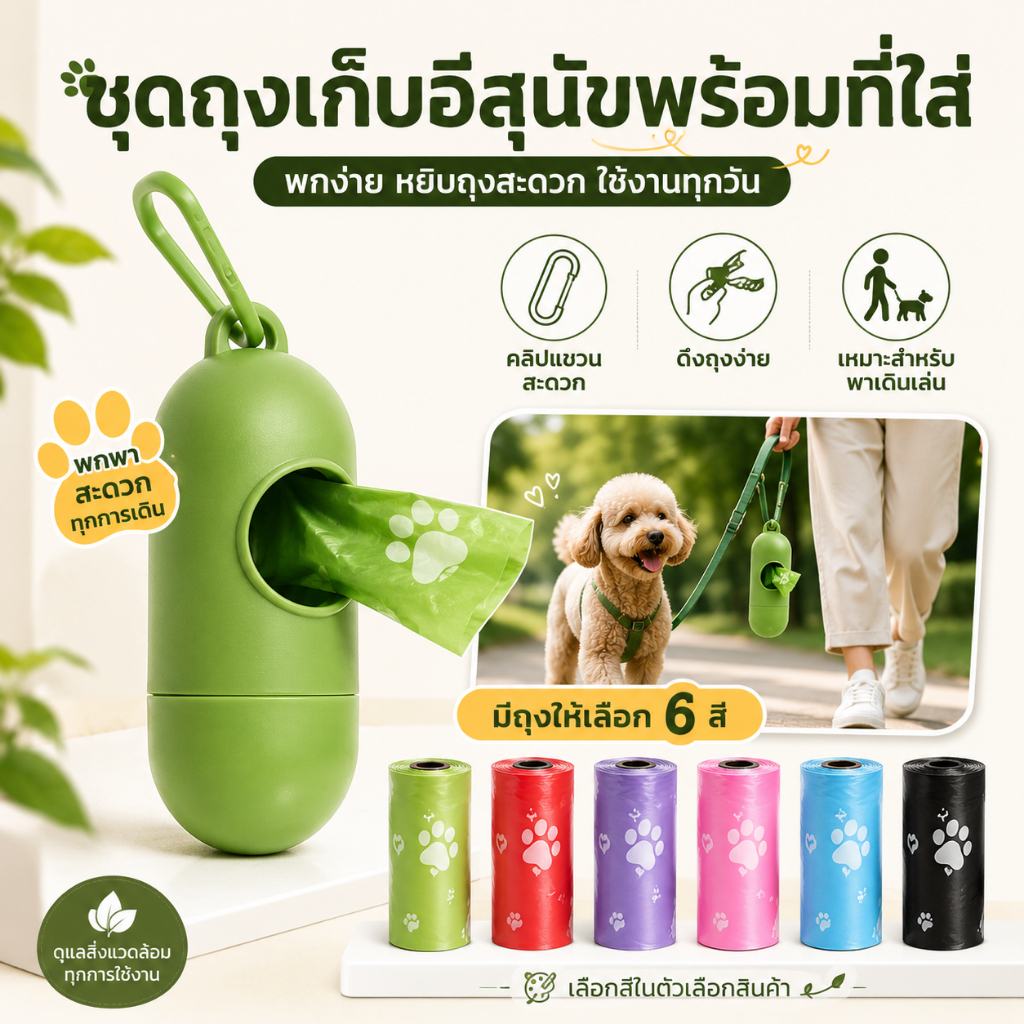 ชุดที่ใส่ถุงเก็บอึสุนัข พร้อมถุงขยะสัตว์เลี้ยง 6 สีเลือกได้ พกพา มีคลิปแขวน ดึงง่าย สำหรับพาเดินเล่น
