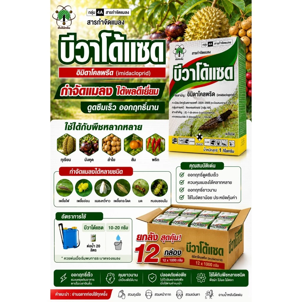 บีวาโด้แซด ยกลัง 12 กล่อง อิมิดาโคลพริด imidacloprid 70% WG ตราต้นไม้กรีน มี 2 ขนาด