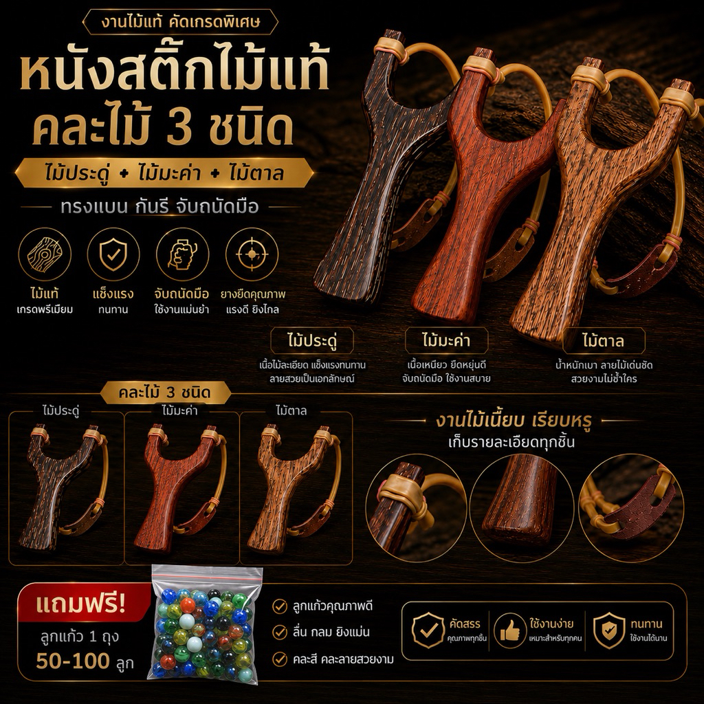 หนังสติ๊ก ไม้มะค่า ไม้ตาล สีเข้ม ทรงแบน 1 อันคละชิ้น (แถบลูกแก้ว 1ถุง)
