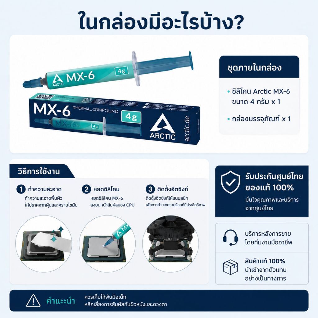 Arctic MX-6ซิลิโคน นำความร้อน CPU GPU New 2026 ซิลิโคนระบายความร้อน ลดความร้อนอย่างดี4g/ MX-6