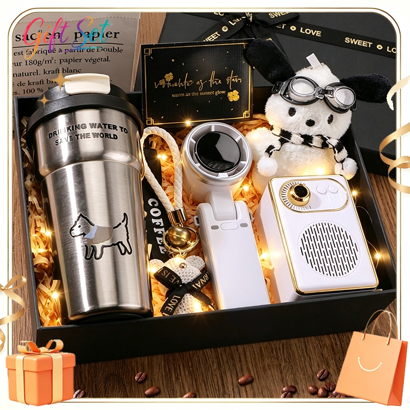 Gift Set แก้วน้ำเก็บอุณหภูมิสไตล์การ์ตูนน่ารักสแตนเลสพร้อมหลอดพกพา แก้วกาแฟ ลายสุนัขน่ารัก