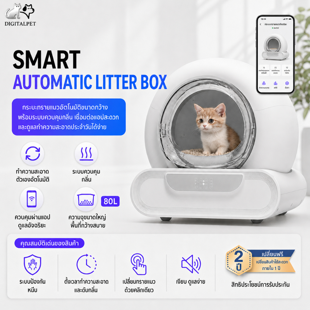 DIGITALPET ห้องน้ำเเมวแบบอัตโนมัติ Automatic litter box ปลอดภัยไม่หนีบแมว ห้องน้ำแมวอัตโนมัติ ห้องน้ำแมวอัตโนมัติรุ่น